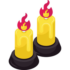 Two pixelated yellow candles with red flames on black bases isolated on a transparent white background