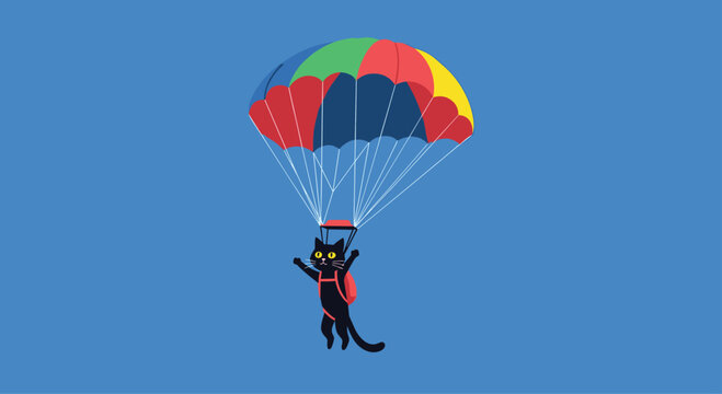 A fearless and happy black cat wearing a colorful rainbow parachute is skydiving through a bright blue sky in a fun cartoon illustration.