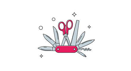 A versatile red multi-tool pocket knife is shown open with all its useful attachments like scissors a saw and a corkscrew fanned out.