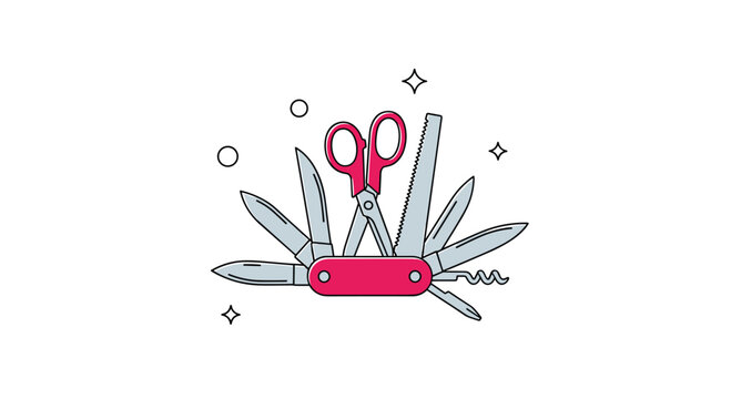 A versatile red multi-tool pocket knife is shown open with all its useful attachments like scissors a saw and a corkscrew fanned out.