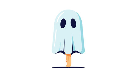 A cute and spooky light blue popsicle on a wooden stick is shaped like a ghost for a fun and festive Halloween dessert treat.