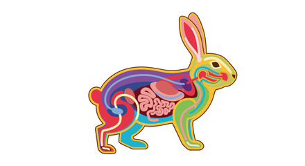 An educational and colorful anatomical diagram of a rabbit shows all the major internal organs in a clear and detailed vector illustration.
