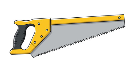 A sturdy hand saw with a yellow and black ergonomic handle and a sharp serrated blade is shown in a clean vector illustration.