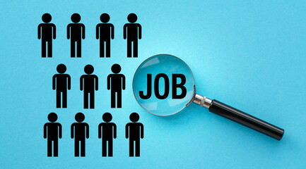 A magnifying glass is on a blue background with a group of people and the word Job.