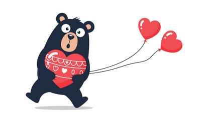 A cute black bear is running with joy while holding a big red heart with two heart-shaped balloons attached in a sweet illustration.