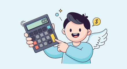 A cheerful cartoon angel character is happily pointing at a calculator displaying the number one hundred in a cute financial illustration.