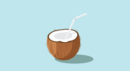 A fresh half coconut with a white drinking straw is ready to be enjoyed as a refreshing tropical drink in this summer illustration.
