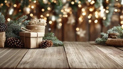 Warm Christmas lights, wrapped gifts, pine branches, and rustic wooden boards create a cozy festive scene perfect for holiday cards and seasonal designs. - Powered by Adobe