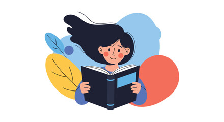 A happy young girl with dark hair flowing in the wind is smiling while reading a book against a colorful abstract background of leaves.