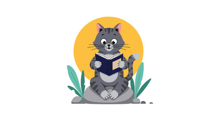 Smart grey tabby cat is sitting comfortably on a rock and reading a book with plants and a yellow sun in the background.