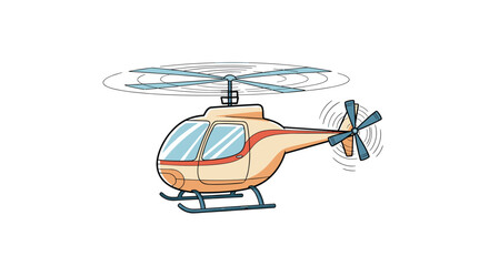 Simple and friendly cartoon helicopter with spinning rotor blades is hovering in the air on a clean and clear white background.