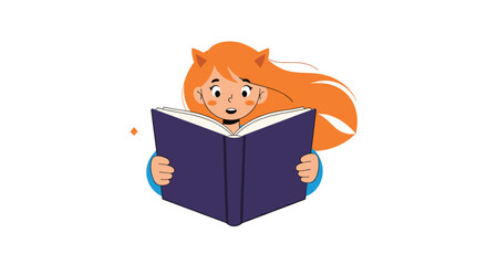 Cute cartoon girl with long orange hair and cat ears has a look of amazement on her face while reading a magical purple book.