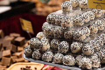 Zurich, Switzerland, November 22 2025. Variety of chocolate truffles and handmade British fudge on...