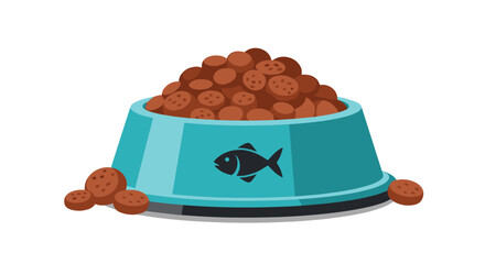 Blue pet food bowl with a fish logo overflowing with dry brown kibble for a cat or dog on a clean white background.