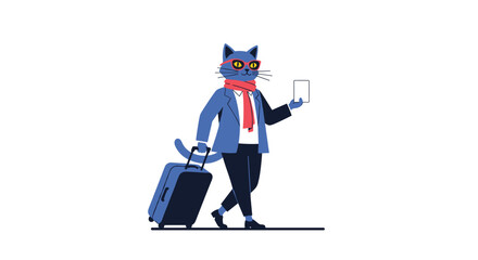 Stylish anthropomorphic blue cat character in a suit sunglasses and scarf walks with a rolling suitcase and phone ready for a business trip.