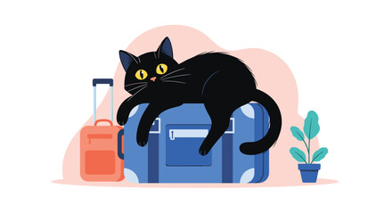 Cute black cat with large yellow eyes is resting comfortably on top of a blue suitcase ready for a trip or vacation adventure.