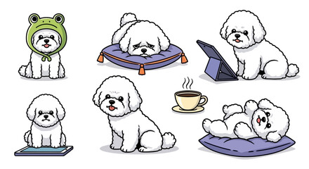 Adorable Bichon Frise dog illustrations showing a variety of cute poses and activities