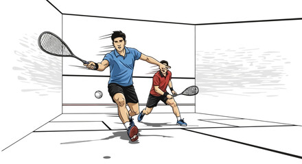 Dynamic illustration of two athletes playing squash in a court, showcasing intense action and competitive spirit