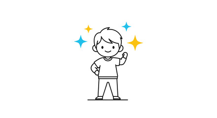 Confident young boy in a simple black and white line art style illustration posing proudly with colorful sparkles around him.
