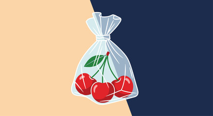 Vector illustration of three fresh red cherries with green leaves packaged in a transparent plastic bag against a split background.