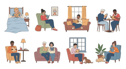 A collection of diverse people enjoying the quiet pleasure of reading books in various comfortable home settings