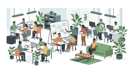 Modern open-plan office space with diverse employees collaborating on projects and enjoying a healthy work environment