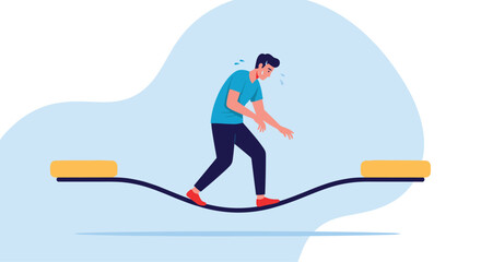 Anxious and sweaty man carefully trying to maintain his balance while walking on an unstable wavy line representing risk and uncertainty.