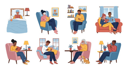Diverse individuals and couples finding relaxation and enrichment through reading books in comfortable home settings, illustrating the universal appeal of literature and leisure time