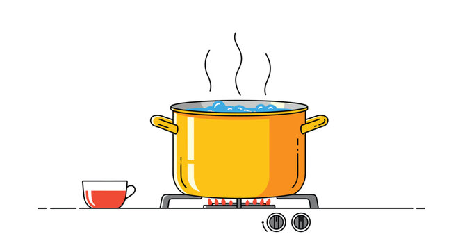Yellow cooking pot with boiling water steaming on a lit gas stove burner with a red cup nearby in a clean line art style.