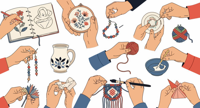 Creative hands crafting various hobbies and handmade crafts like knitting, embroidery, and jewelry making