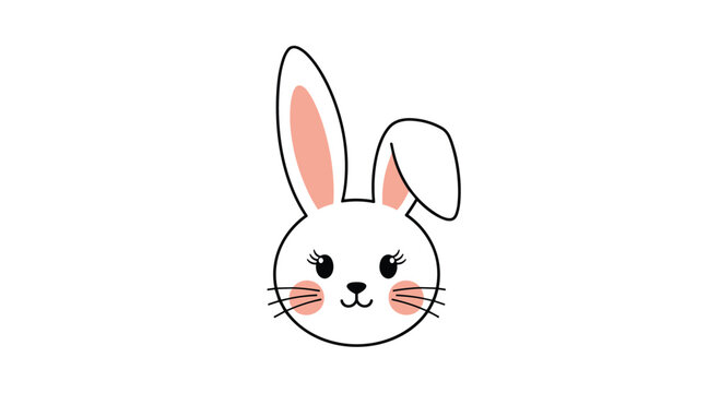 Adorable and simple hand-drawn illustration of a cute white bunny rabbit face with pink cheeks and one floppy ear on white.