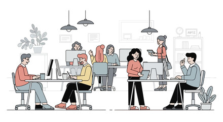 Bustling Office Scene Collaborative Workspace with Engaged Professionals in a Dynamic Work Environment