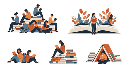A collection of imaginative flat illustrations showing diverse people and book lovers absorbed in reading and literature