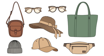 Collection of fashionable accessories for a stylish outing, including a crossbody bag, sunglasses, tote, beanie, cap, and belt bag