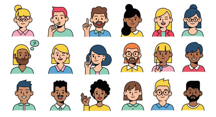 Vibrant collection of diverse flat line cartoon avatars depicting people with various expressions and hand gestures, ideal for user profiles and digital communication