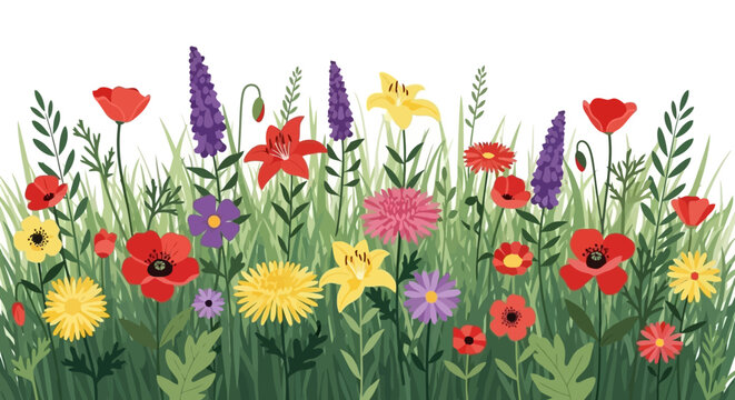 Vibrant and colorful horizontal border illustration featuring a diverse array of blooming wildflowers and lush green grass, perfect for spring and summer designs and natural themes