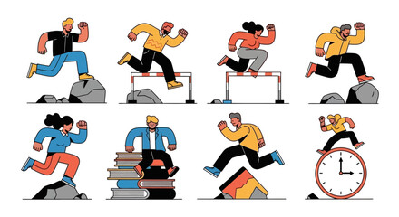 Overcoming Hurdles People Jumping Obstacles Illustration