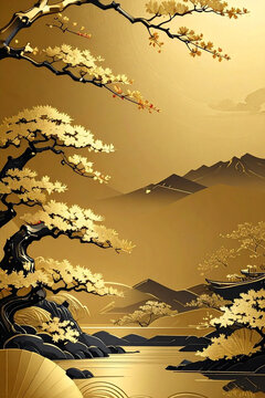 日本画　山水画　金箔背景 山水画 Images – Browse 1,646 Stock Photos, Vectors, and Video
