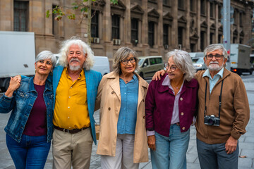 Group of senior friends traveling city together