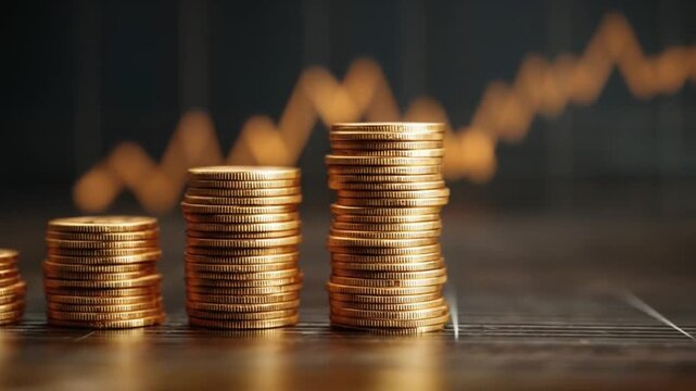 Stacked copper coins rise in height while a blurred chart trends upward in the background on display