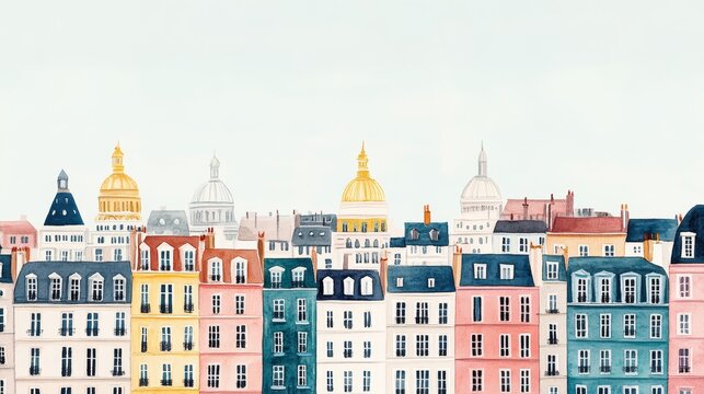 Charming watercolor cityscape illustration featuring colorful European architecture with iconic domes and pastel buildings, evoking a classic urban scene. - Powered by Adobe