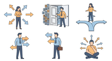 Concept of business people facing difficult choices, navigating multiple paths, making strategic decisions, and managing information overload and various options