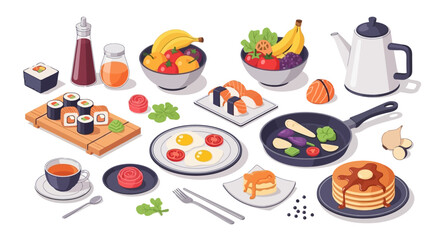 Delicious assortment of Japanese and Western breakfast foods arranged artistically, showcasing fresh ingredients and culinary diversity