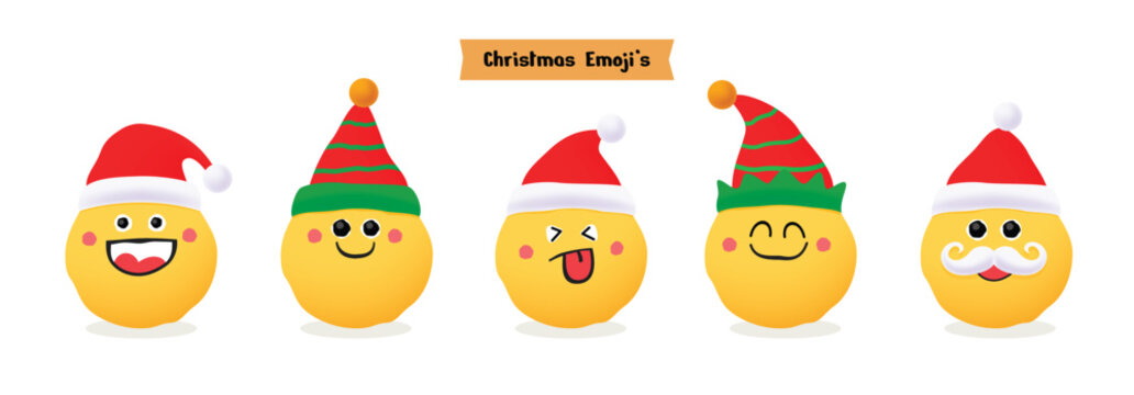 A cute collection of 3D yellow emoji characters wearing various Christmas hats, including Santa and elf styles, ideal for holiday greetings, design, winter themes, and seasonal communication.