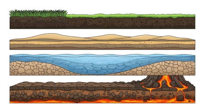 Set of four different 2D game terrain layers including grass, desert sand, water, and underground lava for level design
