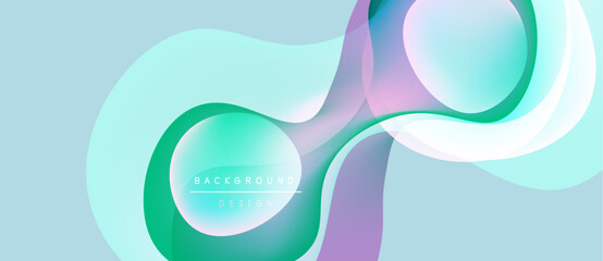 Abstract fluid shapes, pastel colors blend. Modern design, smooth gradients create dynamic composition. Light background enhances visual appeal.