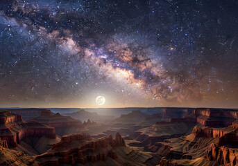 Stunning night sky over canyon landscape with visible milky way and moon