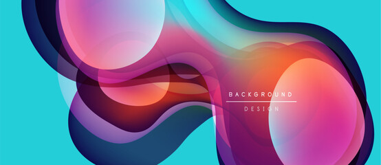 Abstract fluid shapes, vibrant colors, dynamic composition. Modern design element, flowing forms, teal background. Smooth gradients create visual interest.