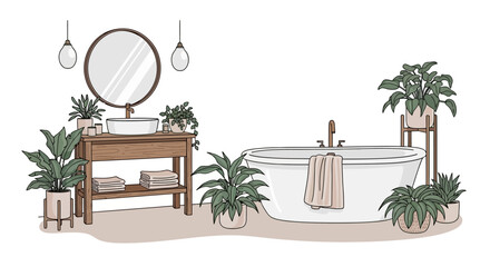 Cozy bathroom interior with a freestanding bathtub, vanity, sink, and lush green potted plants, creating a tranquil spa-like atmosphere