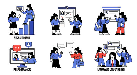 Fototapeta premium Set of human resources concept illustrations for business, including talent acquisition, employee onboarding, and career growth
